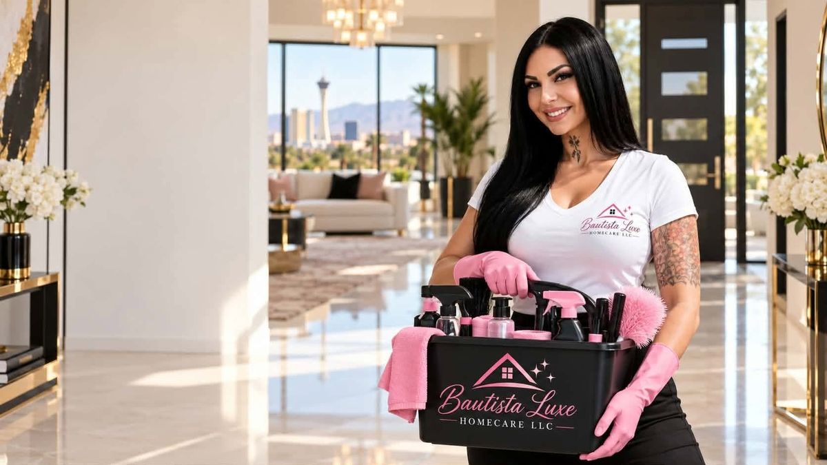Chandler carrying her supply caddy through a foyer, the Las Vegas skyline in the window